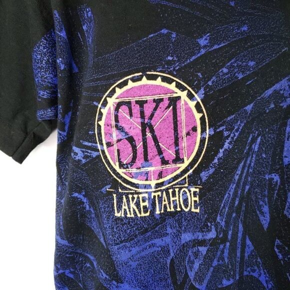 Ski Lake Tahoe T Shirt Vintage 90s Downhill Skiing All Over Print Made In USA M - Picture 2 of 6